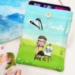 Personalized Cartoon Painting Sewing Girl Book Sleeve Protector with Name Birthday Mother's Day Gift for Women Reading Lovers