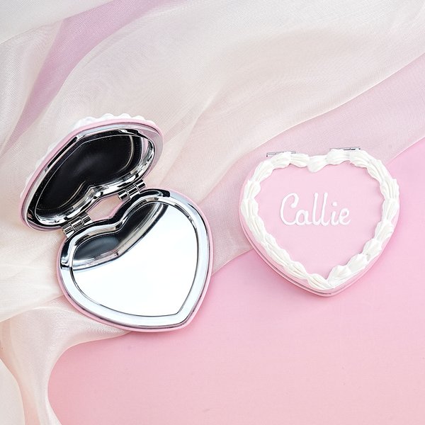 Personalised Handmade Heart Shaped Cherry Cream Cake Mirror with Name and Box Compact Travel Accessories Birthday Valentine's Day Gift for Women