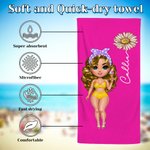 Personalized Cartoon Summer Girl Oversized Quick Dry Microfiber Beach Towel with Name and Birth Flower Travel Essentials Birthday Gift for Women