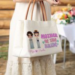 Personalised Bride and Mother Cartoon Character Large Canvas Tote Bag with Name and Leather Handle Wedding Gift for Women
