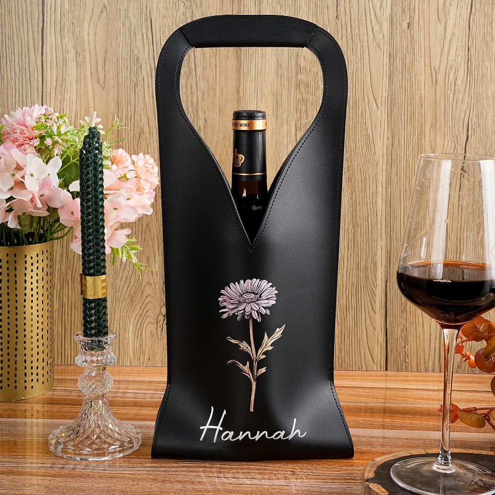 Personalised Leather Wine Carrier with Birth Flower | Custom Name Travel Wine Bag for Picnic & Wedding | Aesthetic Vegan Leather Gift for Best Friend
