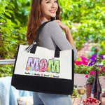 Borsa tote in tela personalizzata con alfabeti floreali, con 1-12 nomi e fodera impermeabile Regalo di compleanno per la festa della mamma e della nonna.