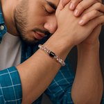 Personalizada Cruz Onyx Piedra Natural Cuentas Pulsera Elástica con Nombre Cumpleaños Bautizo Regalo para Hombres Cristiano