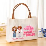Personalised Bride and Mother Cartoon Character Large Canvas Tote Bag with Name and Leather Handle Wedding Gift for Women