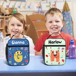 Personalized Cute Cartoon Letter Portable Insulated Lunch Bag with Name and Mesh Pocket Back to School Picnic Birthday Gift for Boys Girls