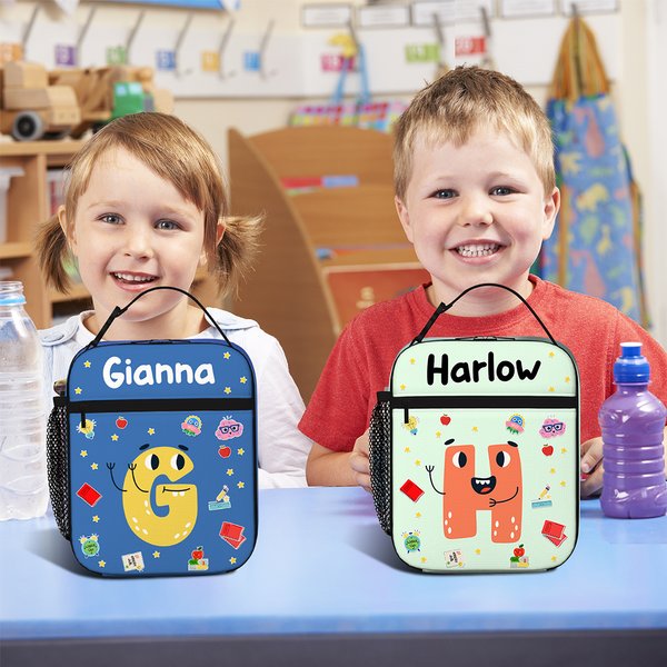 Personalised Cute Cartoon Letter Portable Insulated Lunch Bag with Name and Mesh Pocket Back to School Picnic Birthday Gift for Boys Girls
