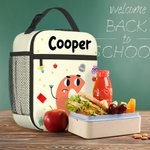 Personalized Cute Cartoon Letter Portable Insulated Lunch Bag with Name and Mesh Pocket Back to School Picnic Birthday Gift for Boys Girls