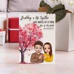 Albero dell'amore personalizzato Gesto del cuore Personaggio dei cartoni animati Puzzle di mattoncini con nome e data Regalo di anniversario di San Valentino per la coppia