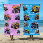 Henkilökohtainen monivärinen sarjakuva Off-road Vehicle Ylimitoitettu nopea kuiva rantapyyhe nimellä Kesä Essentials Beach Party syntymäpäivälahja lapsille
