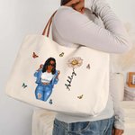 Personalised Cartoon Fashion Girl Birth Flower Canvas Tote Bag with Name and Leather Handle Travel Accessories Birthday Gift for Women