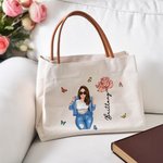 Personalised Cartoon Fashion Girl Birth Flower Canvas Tote Bag with Name and Leather Handle Travel Accessories Birthday Gift for Women