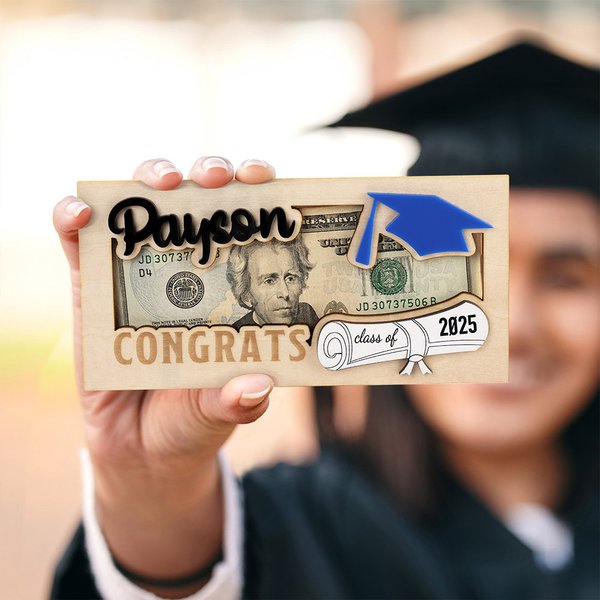 Personalized Graduation Cap Scroll Wooden Money Holder with Engraved Name and Year Gift for Class of 2025 Graduates