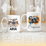 Personalisierte Retro Aquarell Blume Kamera 11 oz 15 oz Keramik Becher mit Namen Geburtstag Geschenk für Fotografie-Liebhaber