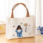 Personalised Cartoon Fashion Girl Birth Flower Canvas Tote Bag with Name and Leather Handle Travel Accessories Birthday Gift for Women