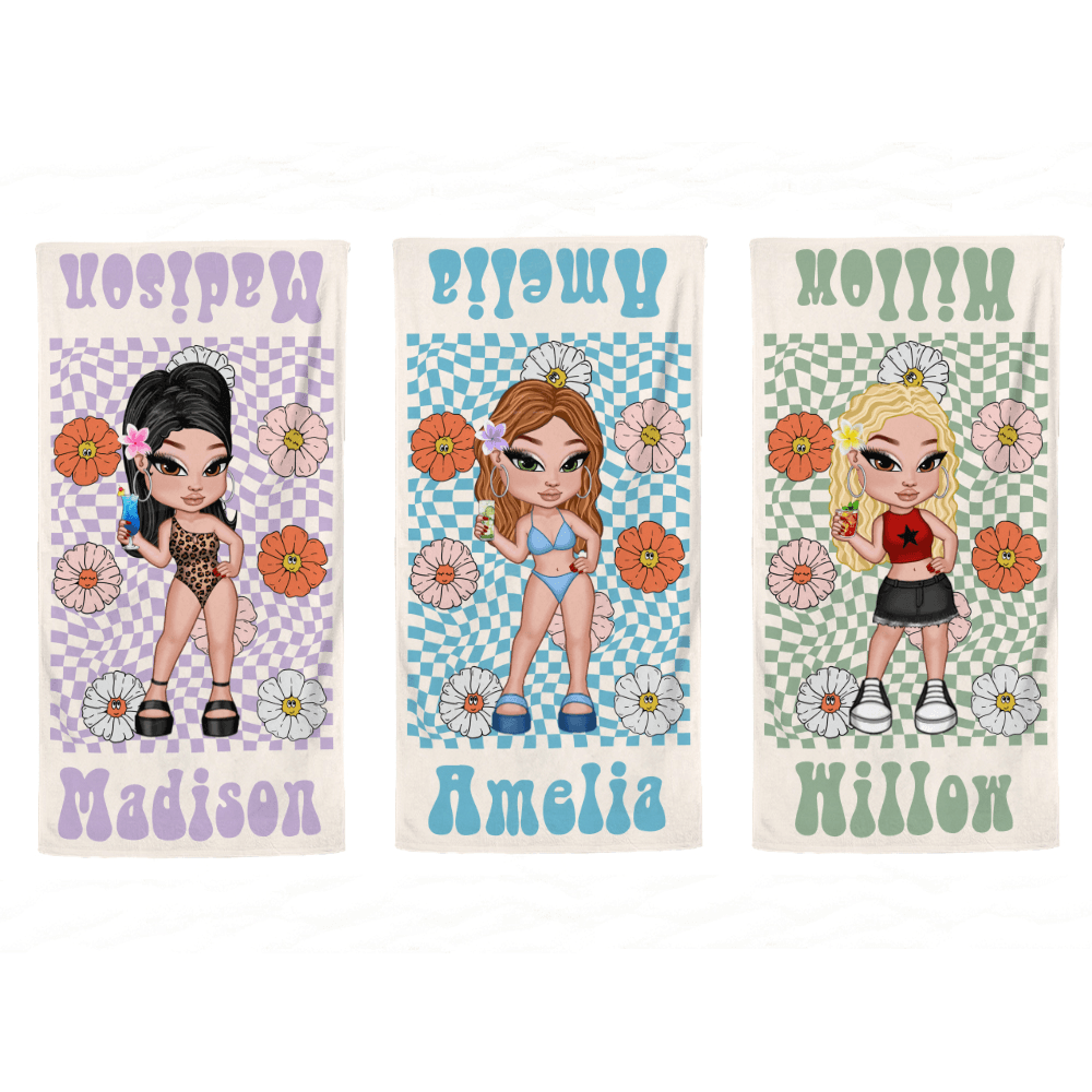 Personalized Name Fashion Cartoon Character Beach Towel, Superfine Fiber Quick Dry Towel, Vacation/Beach/Pool Party Favor, Gift for Women/Girls