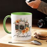 Personalisierte Retro Aquarell Blume Kamera 11 oz 15 oz Keramik Becher mit Namen Geburtstag Geschenk für Fotografie-Liebhaber