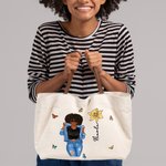 Personalised Cartoon Fashion Girl Birth Flower Canvas Tote Bag with Name and Leather Handle Travel Accessories Birthday Gift for Women
