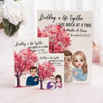 Albero dell'amore personalizzato Gesto del cuore Personaggio dei cartoni animati Puzzle di mattoncini con nome e data Regalo di anniversario di San Valentino per la coppia