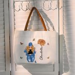 Personalised Cartoon Fashion Girl Birth Flower Canvas Tote Bag with Name and Leather Handle Travel Accessories Birthday Gift for Women
