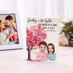 Albero dell'amore personalizzato Gesto del cuore Personaggio dei cartoni animati Puzzle di mattoncini con nome e data Regalo di anniversario di San Valentino per la coppia
