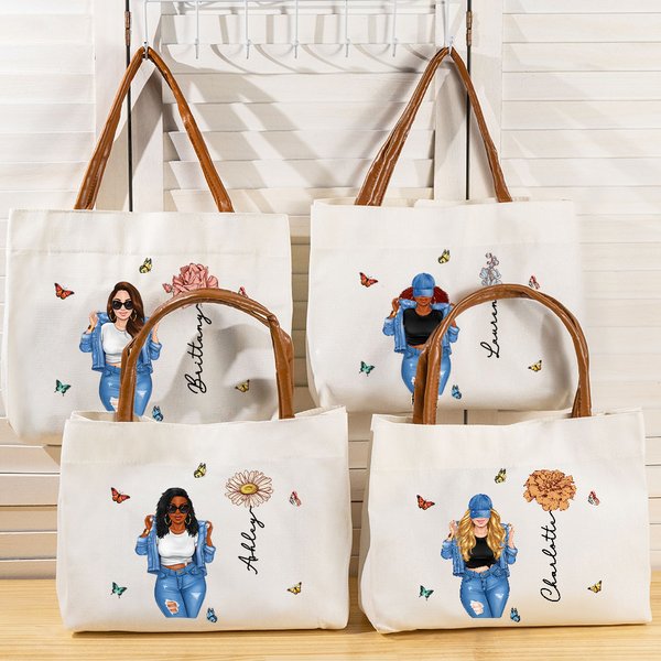 Personalized Cartoon Fashion Girl Birth Flower Canvas Tote Bag with Name and Leather Handle Travel Accessories Birthday Gift for Women
