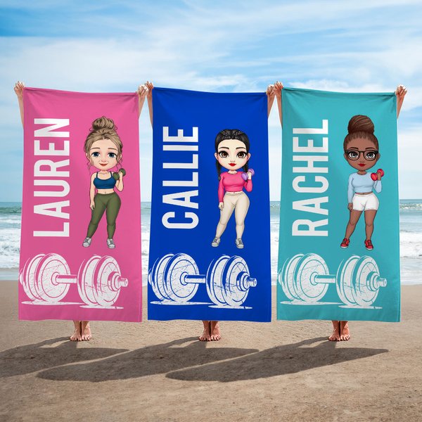 Personalizzato Cartoon Fitness Character Dumbbell Oversized Quick Dry Beach Towel con nome Summer Essentials Beach Party Birthday Gift for Women Girls