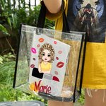 Personalized Cartoon Fashion Girl Lipstick Design Large Clear Tote Bag with Name Travel Essentials Birthday Gift for Women