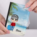 Personalized Seaside Vacation Cartoon Character PU Leather Passport Holder with Name and Card Slots Travel Essential Birthday Gift for Men Women Kids