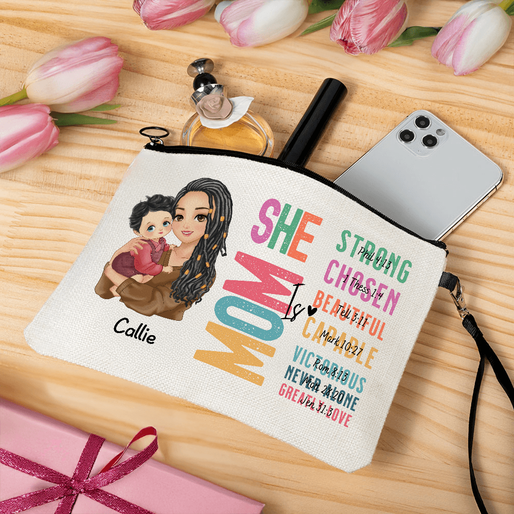 Personalized Name Cartoon Character Bible Verse Makeup Bag, Custom She Is Mom Linen Cosmetic bag with Wrist Strap, Mother's Day/Baptism Gift for Mom