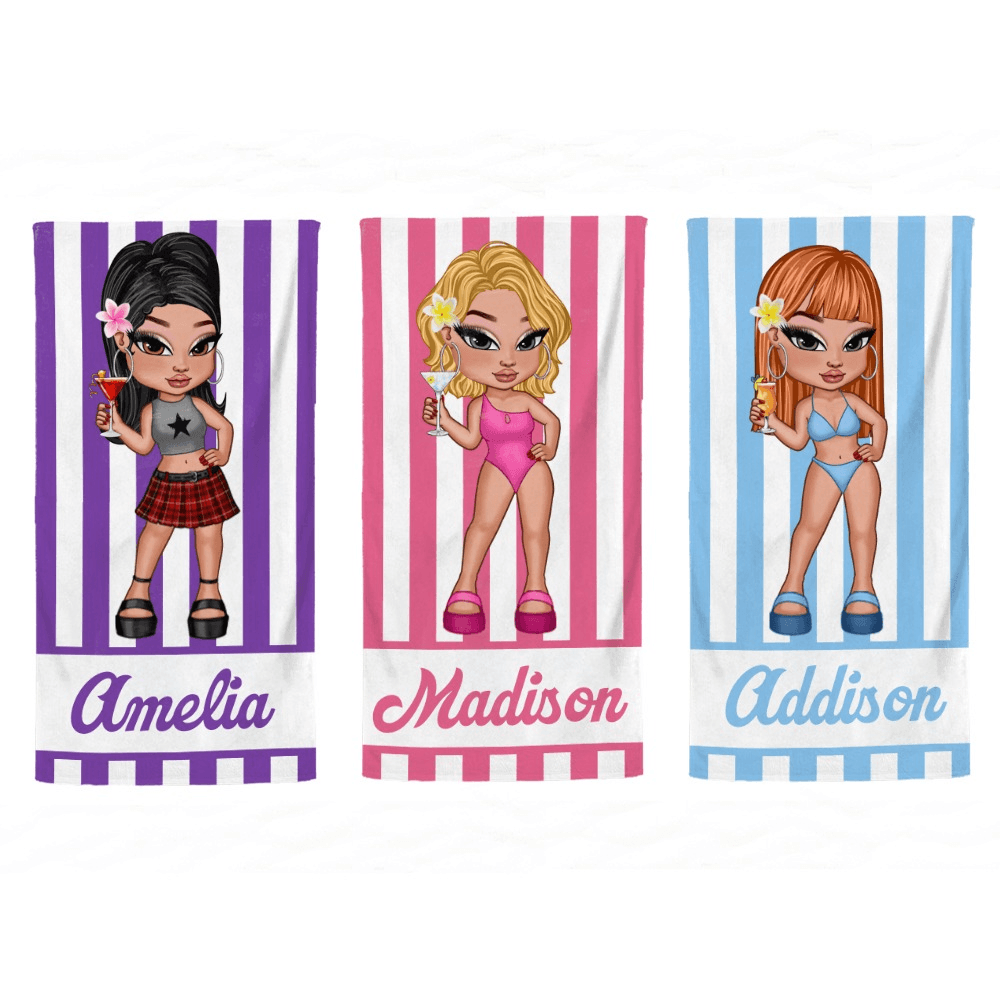 Personalized Fashion Cartoon Character Stripe Beach Towel, Quick Dry Microfiber Bath Towel, Vacation/Beach/Pool Party Favor, Gift for Women/Girls