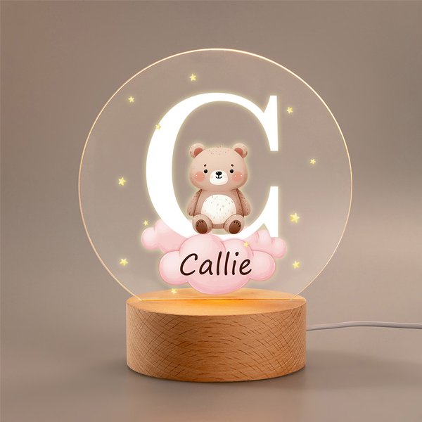 Personalisiertes Süßes Waldtier LED-Nachtlicht mit Initiale Namen Holzsockel Kinderzimmer Deko Geburtstag Geschenk für Baby Kinder