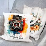 Personlig akvarell blommig retro kamera återanvändbar tygkasse med namn rese tillbehör födelsedag årsdag present för kvinnor fotografer