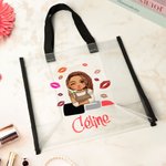 Personalized Cartoon Fashion Girl Lipstick Design Large Clear Tote Bag with Name Travel Essentials Birthday Gift for Women