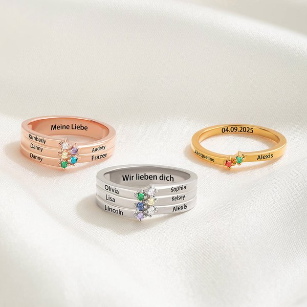 Personalisierter Ring mit 1-8 Geburtssteinen und eingraviertem Namen | zierlicher Schmuck | Geburtstag Muttertag Geschenk für Frau