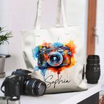 Personlig akvarell blommig retro kamera återanvändbar tygkasse med namn rese tillbehör födelsedag årsdag present för kvinnor fotografer