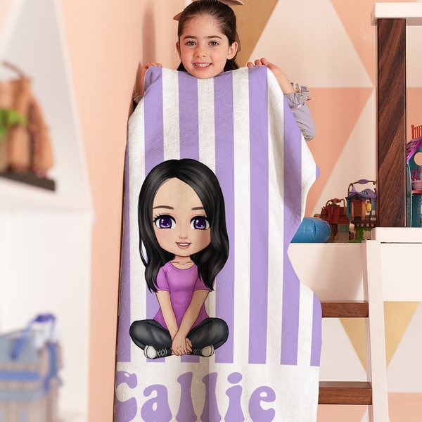 Personalized Stripe Cartoon Character Soft Throw Blanket with Name Home Decor Birthday Gift for Boys Girls Family