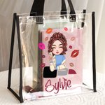 Personalized Cartoon Fashion Girl Lipstick Design Large Clear Tote Bag with Name Travel Essentials Birthday Gift for Women