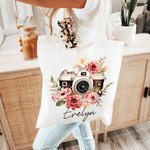 Personlig akvarell blommig retro kamera återanvändbar tygkasse med namn rese tillbehör födelsedag årsdag present för kvinnor fotografer