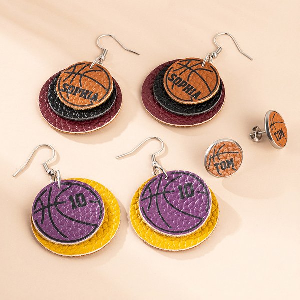 Personalised Multicolour Basketball Single Double Triple Layers PU Leather Stud Dangle Earrings with Text Game Day Gift for Basketball Lover Mom