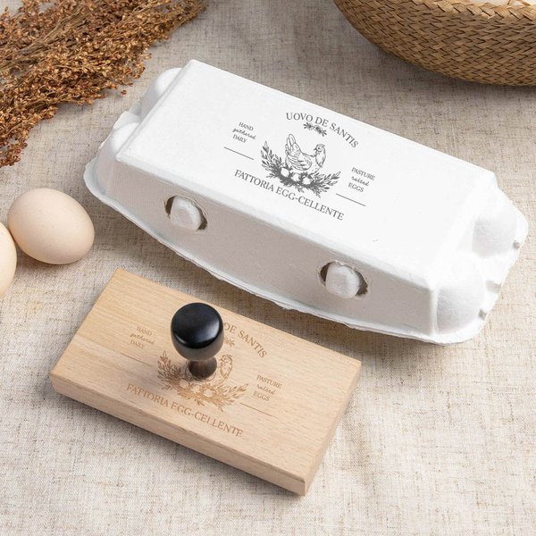 Timbro in legno per scatole di cartone per uova personalizzato con incisione del testo e impugnatura branding fattoria regalo per famiglia e amici