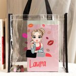 Personalized Cartoon Fashion Girl Lipstick Design Large Clear Tote Bag with Name Travel Essentials Birthday Gift for Women