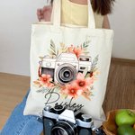 Personlig akvarell blommig retro kamera återanvändbar tygkasse med namn rese tillbehör födelsedag årsdag present för kvinnor fotografer