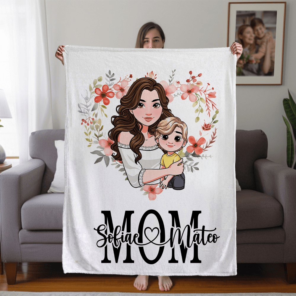 Personalized Mom & Child Cartoon Character Blanket with Heart Flower, Custom Name Soft Flannel Sherpa Blanket, Mother's Day/Birthday Gift for Mom/Kid
