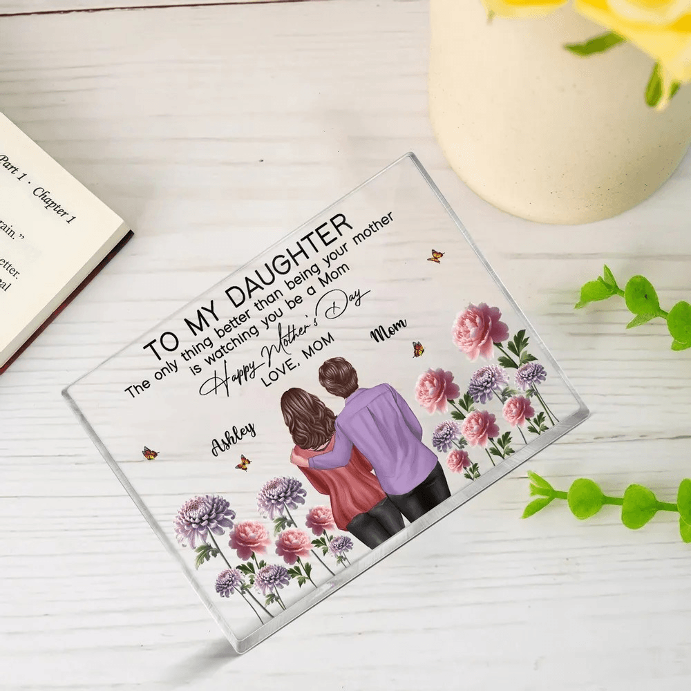 Custom Mom Daughter Character Block Plaque with Name and Birth Flower, Acrylic Name Plate, Home Decor, Mother's Day Gift for Daughter from Mom