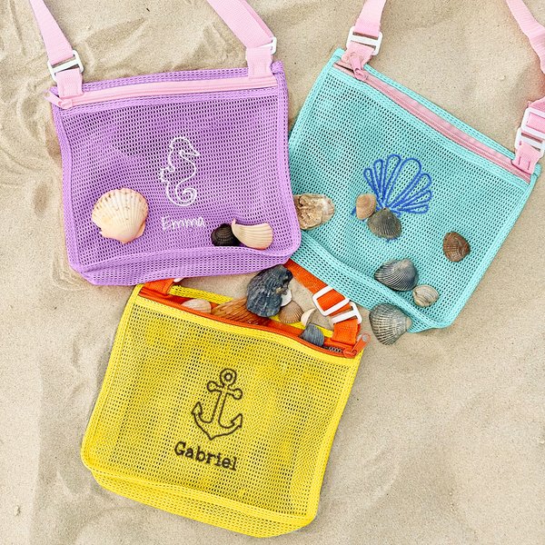 Personalised Embroidered Crab Starfish Shell Collecting Mesh Beach Bag with Name and Adjustable Strap Travel Essential Summer Vacation Gift for Kids