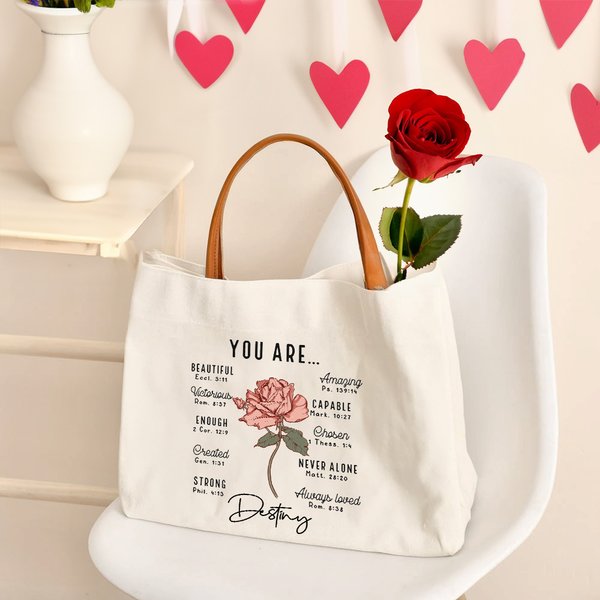 Personalized Birth Flower Bible Verse Canvas Tote Bag with Name and Leather Handle Travel Accessories Baptism Birthday Gift for Women Christians