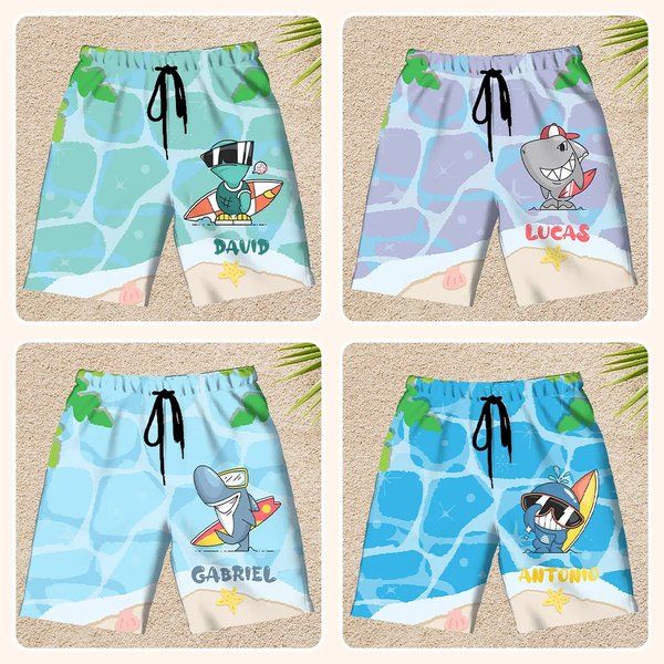 Pantalones cortos de playa personalizados con animales marinos estilo dibujo animado con cordón y nombre regalo de verano para niños