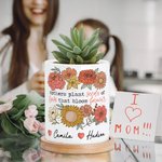 Personalisierte bunte Blumen blühen 1-6 Namen Keramik Pflanzgefäß mit Drainage und Bambus Basis Geburtstag Muttertag Geschenk für Mama Oma