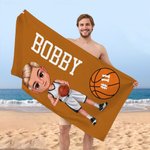 Toalla de playa de microfibra de secado rápido personalizada con el nombre y el número de un niño de baloncesto de dibujos animados Fiesta en la piscina Regalo de cumpleaños para hombre