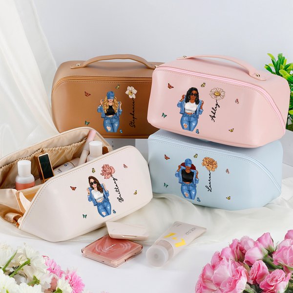 Personalized Birthday Flower Cartoon Girl Leather Wide Opening Cosmetic Bag With Name Printed Travel Storage Birthday Gift Suitable for Women